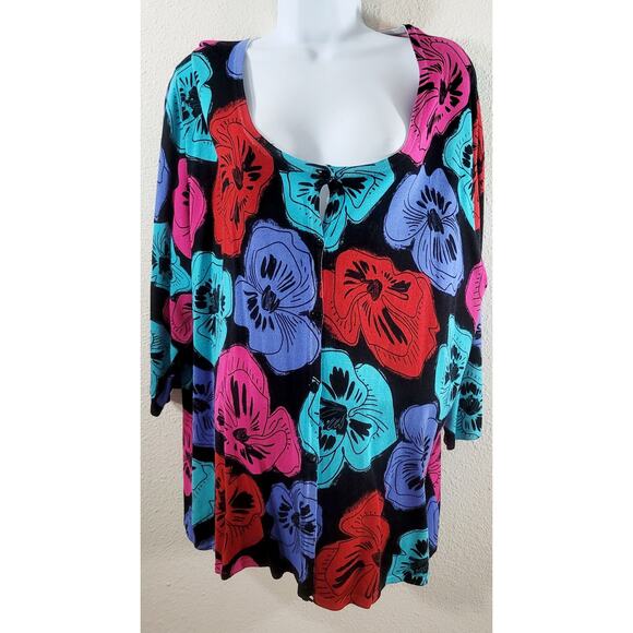 Forgotten Woman Black Multicolor Floral Print Button Cardigan Sweater 2X Plus - Picture 1 of 5